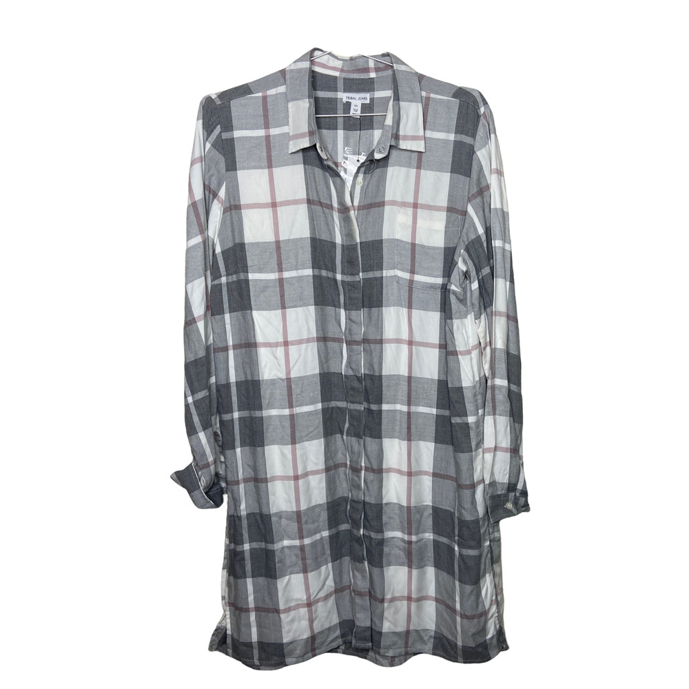 Gray Plaid Rayon Shirt Dress Large